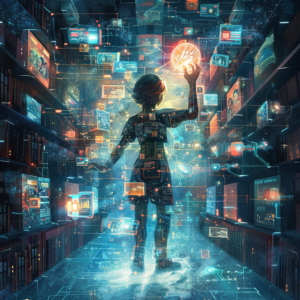 A digital illustration of Sora, a humanoid figure with glowing, circuit-like patterns on their skin, holding a glowing orb of creativity in the center of a virtual library. Books fly around, transforming into digital screens displaying various stories. Created Using: vivid colors, dynamic lighting, detailed textures, digital art style, fantasy elements, high contrast, immersive depth, magical aura, hd quality, natural look --ar 1:1 --v 6.0