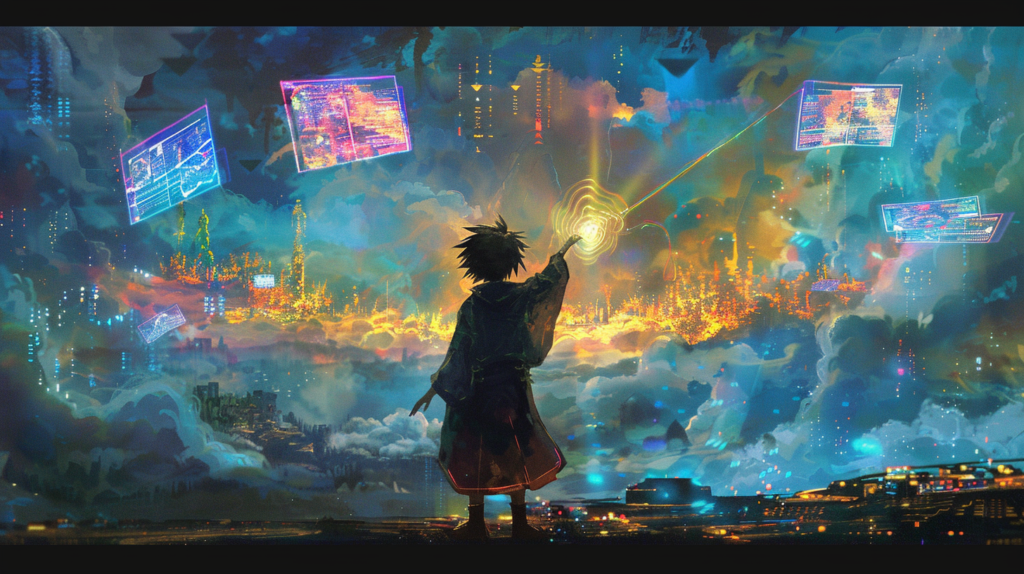 A digital painting of Sora, a visionary artist, wielding a luminous AI wand, casting vibrant spells over a canvas that transforms into a sprawling digital landscape. Sora stands at the forefront, a silhouette against the glowing horizon of imagination, with holographic screens floating around, displaying codes and creative tools. The landscape behind Sora shifts from a blank canvas to a rich, detailed world filled with mythical creatures and futuristic cities. Created Using: digital painting, vibrant colors, dynamic lighting, detailed textures, holographic effects, fantasy elements, futuristic technology, wide angle --ar 16:9 --v 6.0 -