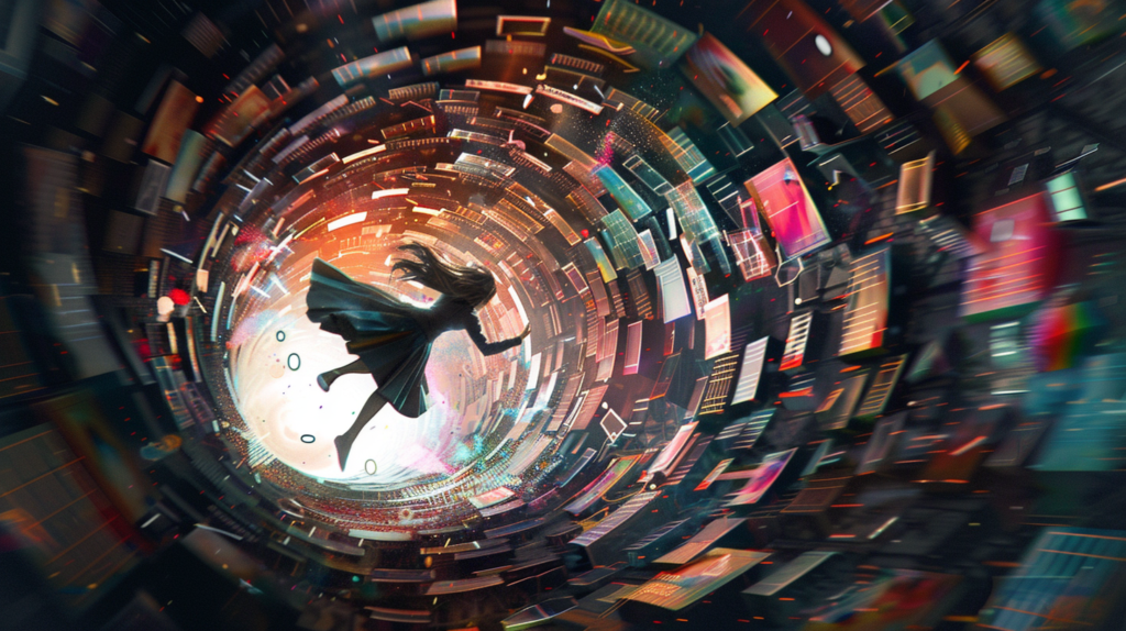 Sora, in a dynamic pose, surrounded by a vortex of digital elements and narrative symbols (books, quills, pixels, and binary codes) swirling around. The scene is set in a virtual reality space, where the boundaries between the digital and the physical blur, highlighting the immersive aspect of AI storytelling. Created Using: dynamic composition, surrealism, vivid colors, sharp contrast, digital and traditional storytelling symbols, immersive environment, virtual reality aesthetics, panoramic view